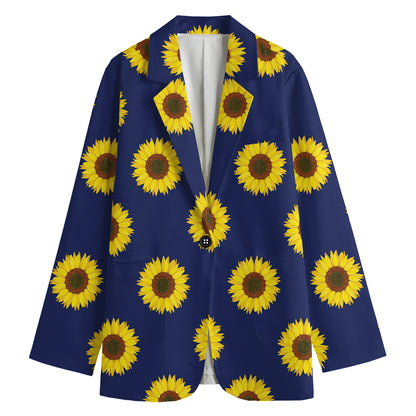 Navy Sunflower Pattern Print Women's Cotton Blazer