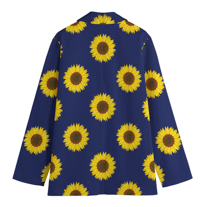 Navy Sunflower Pattern Print Women's Cotton Blazer
