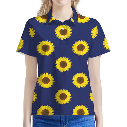 Navy Sunflower Pattern Print Women's Polo Shirt
