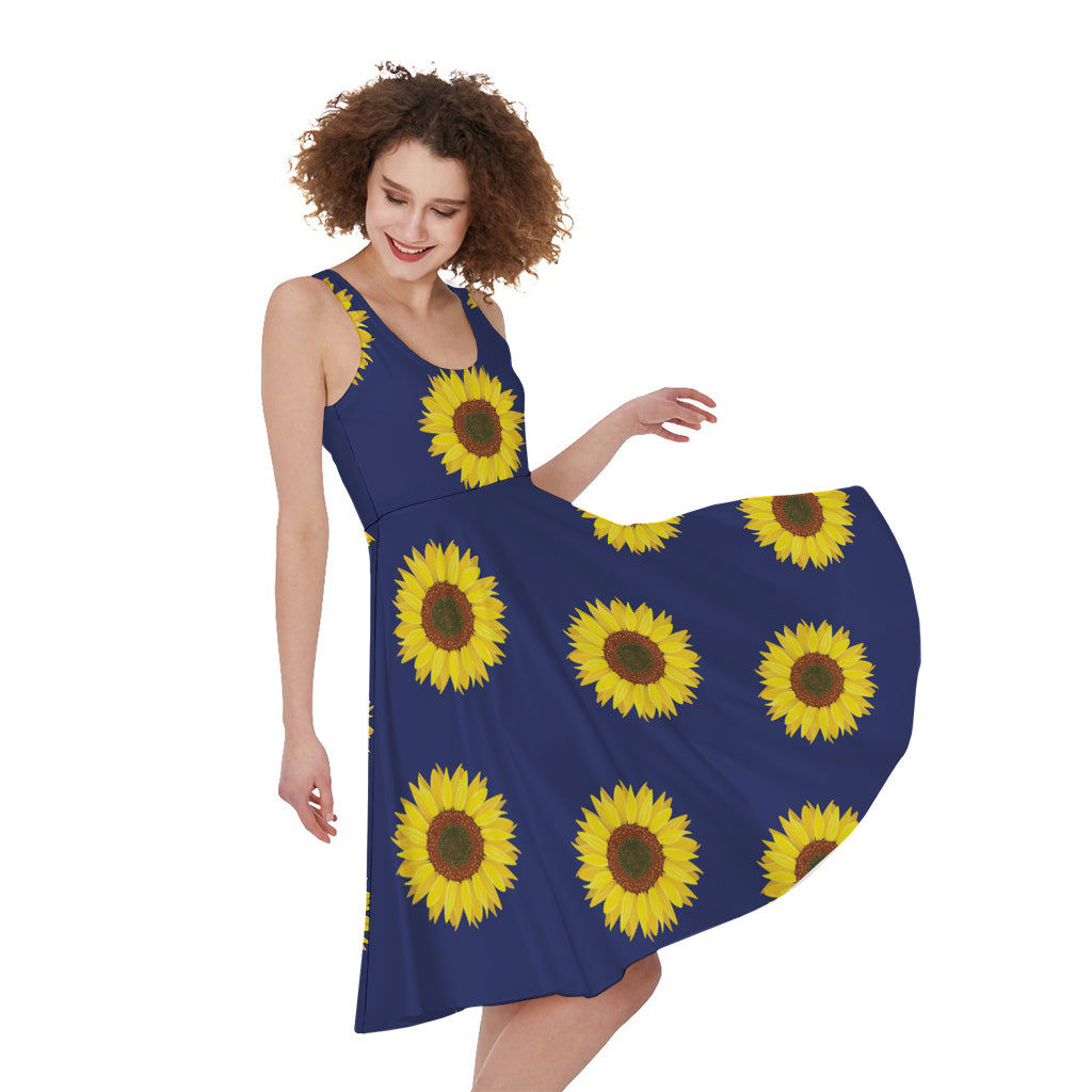 Navy Sunflower Pattern Print Women's Sleeveless Dress