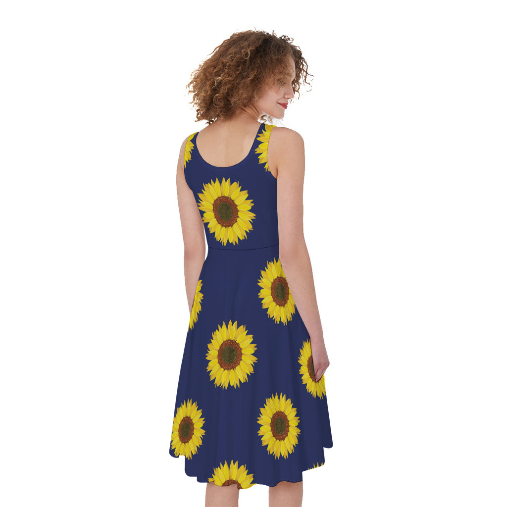 Navy Sunflower Pattern Print Women's Sleeveless Dress