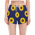 Navy Sunflower Pattern Print Women's Split Running Shorts