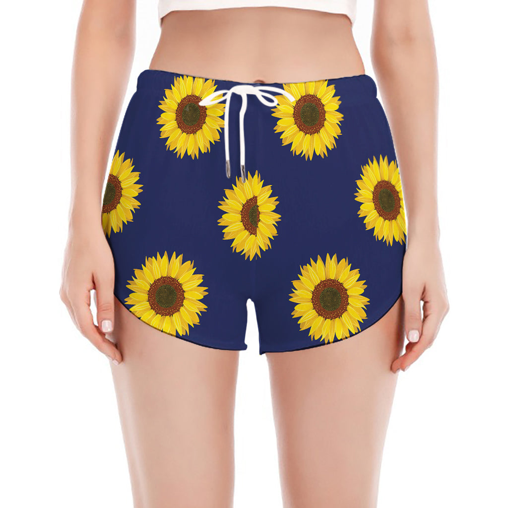 Navy Sunflower Pattern Print Women's Split Running Shorts