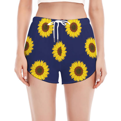 Navy Sunflower Pattern Print Women's Split Running Shorts