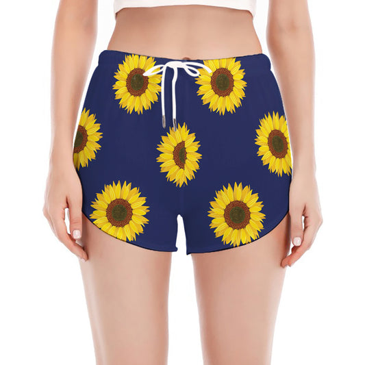 Navy Sunflower Pattern Print Women's Split Running Shorts