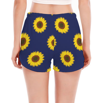 Navy Sunflower Pattern Print Women's Split Running Shorts