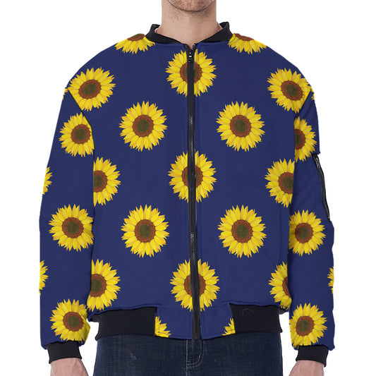 Navy Sunflower Pattern Print Zip Sleeve Bomber Jacket