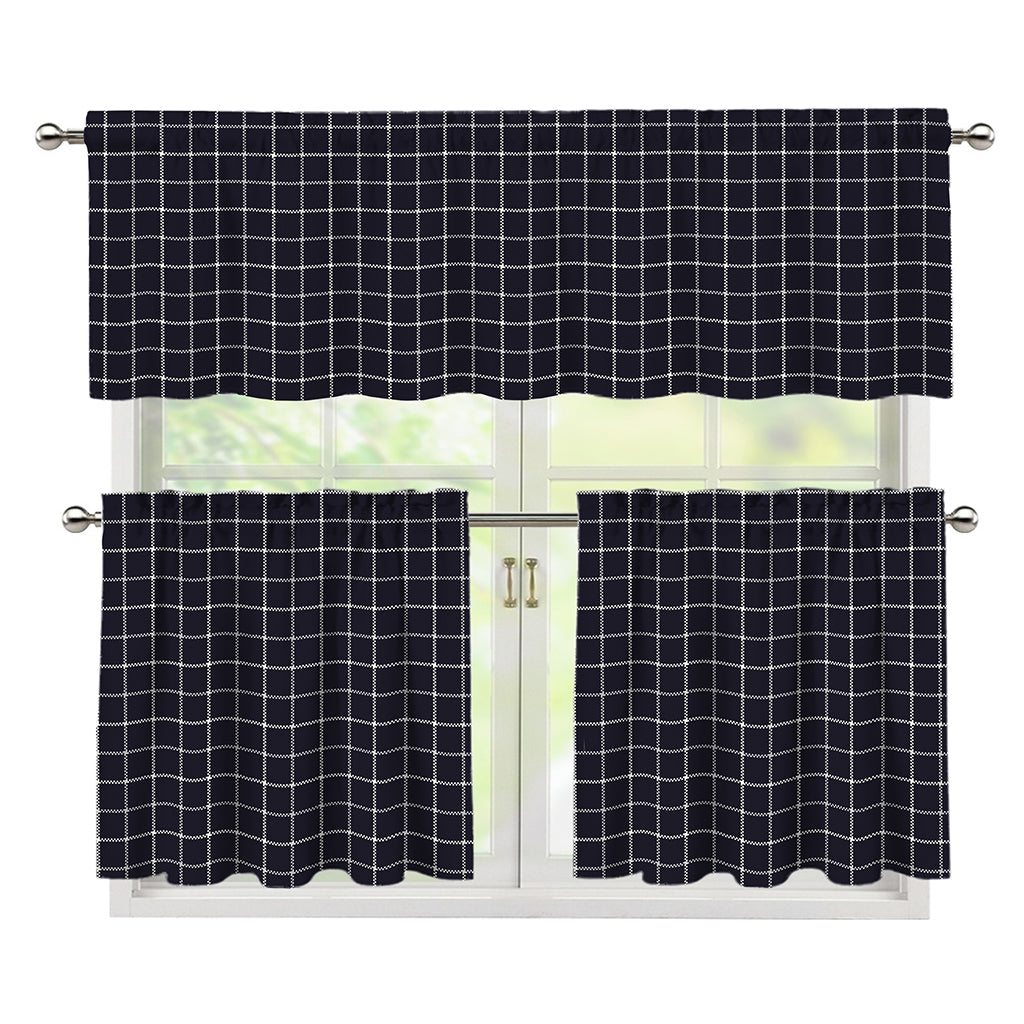 Navy Tattersall Pattern Print 3 Piece Kitchen Curtains