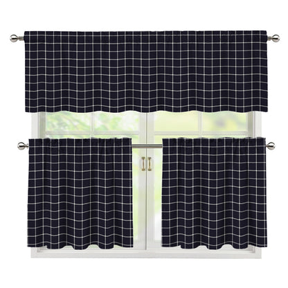 Navy Tattersall Pattern Print 3 Piece Kitchen Curtains