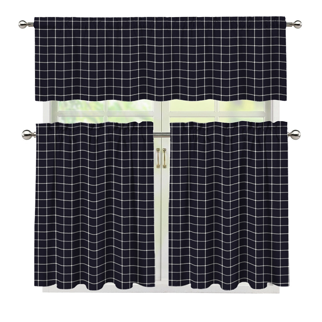Navy Tattersall Pattern Print 3 Piece Kitchen Curtains