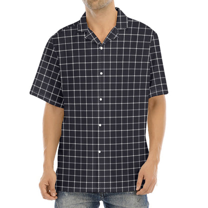 Navy Tattersall Pattern Print Aloha Shirt