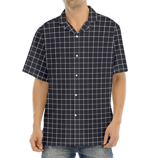 Navy Tattersall Pattern Print Aloha Shirt