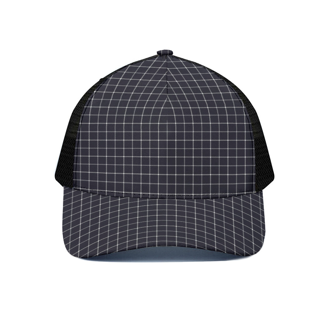 Navy Tattersall Pattern Print Black Mesh Trucker Cap