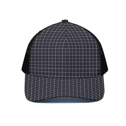 Navy Tattersall Pattern Print Black Mesh Trucker Cap