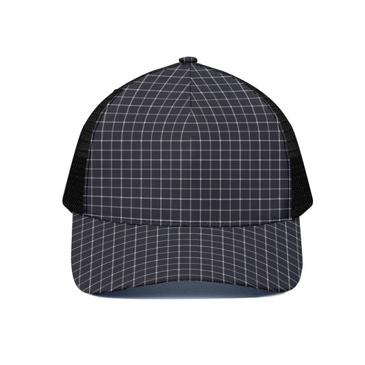 Navy Tattersall Pattern Print Black Mesh Trucker Cap