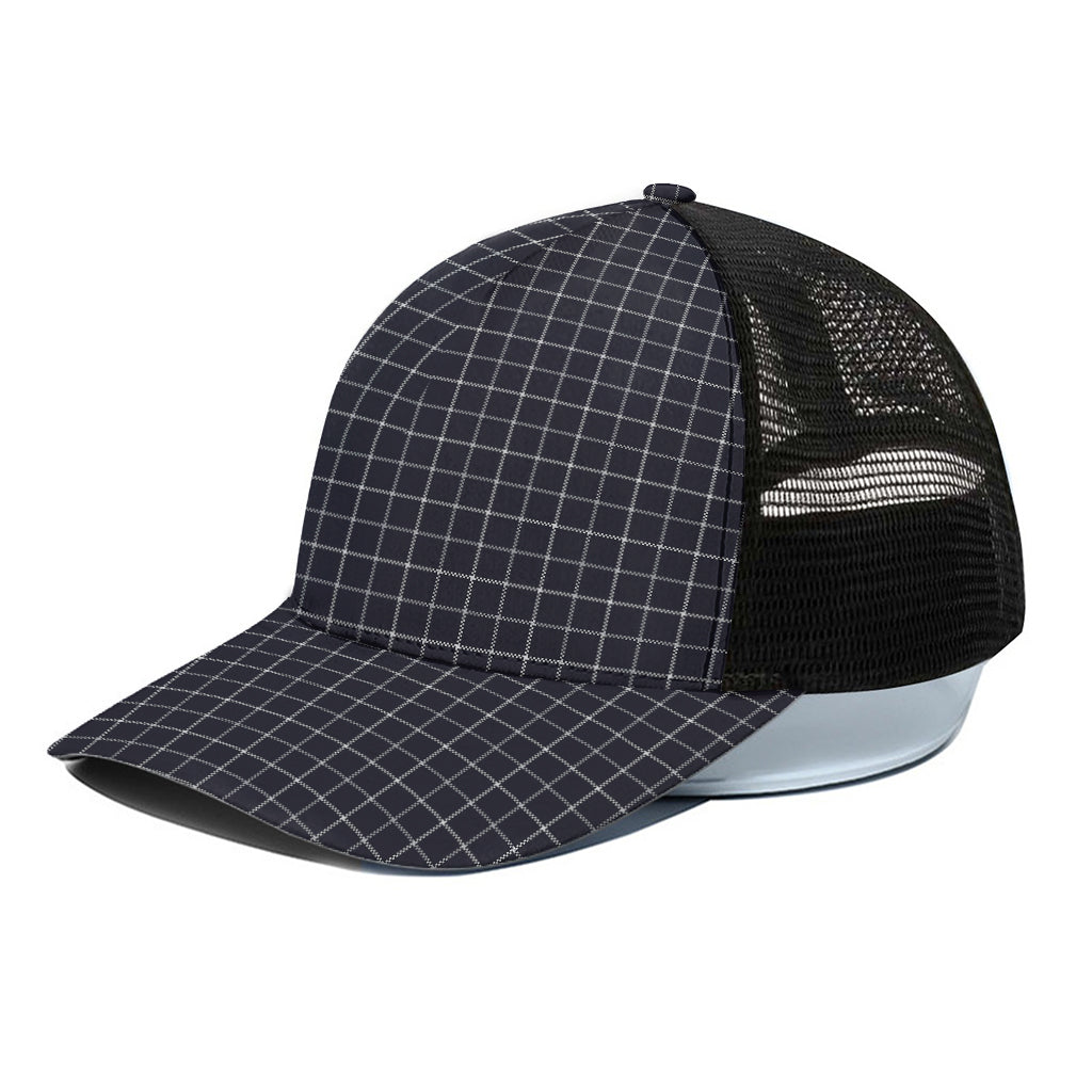 Navy Tattersall Pattern Print Black Mesh Trucker Cap