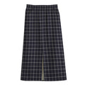 Navy Tattersall Pattern Print Cotton Front Slit Maxi Skirt