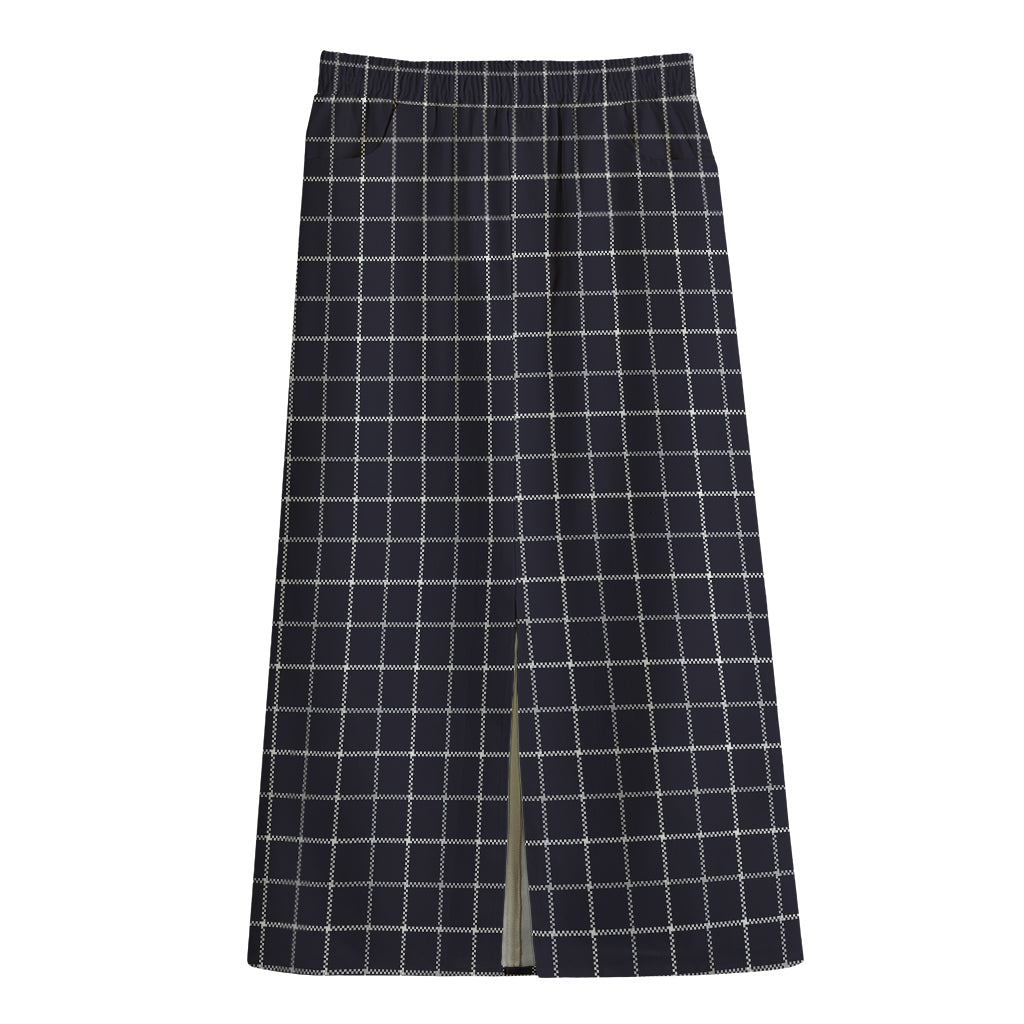 Navy Tattersall Pattern Print Cotton Front Slit Maxi Skirt