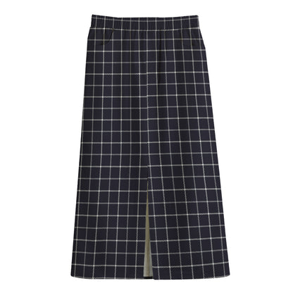 Navy Tattersall Pattern Print Cotton Front Slit Maxi Skirt