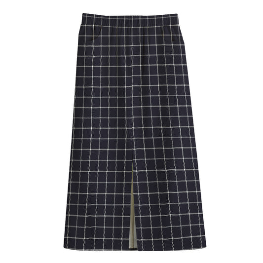 Navy Tattersall Pattern Print Cotton Front Slit Maxi Skirt