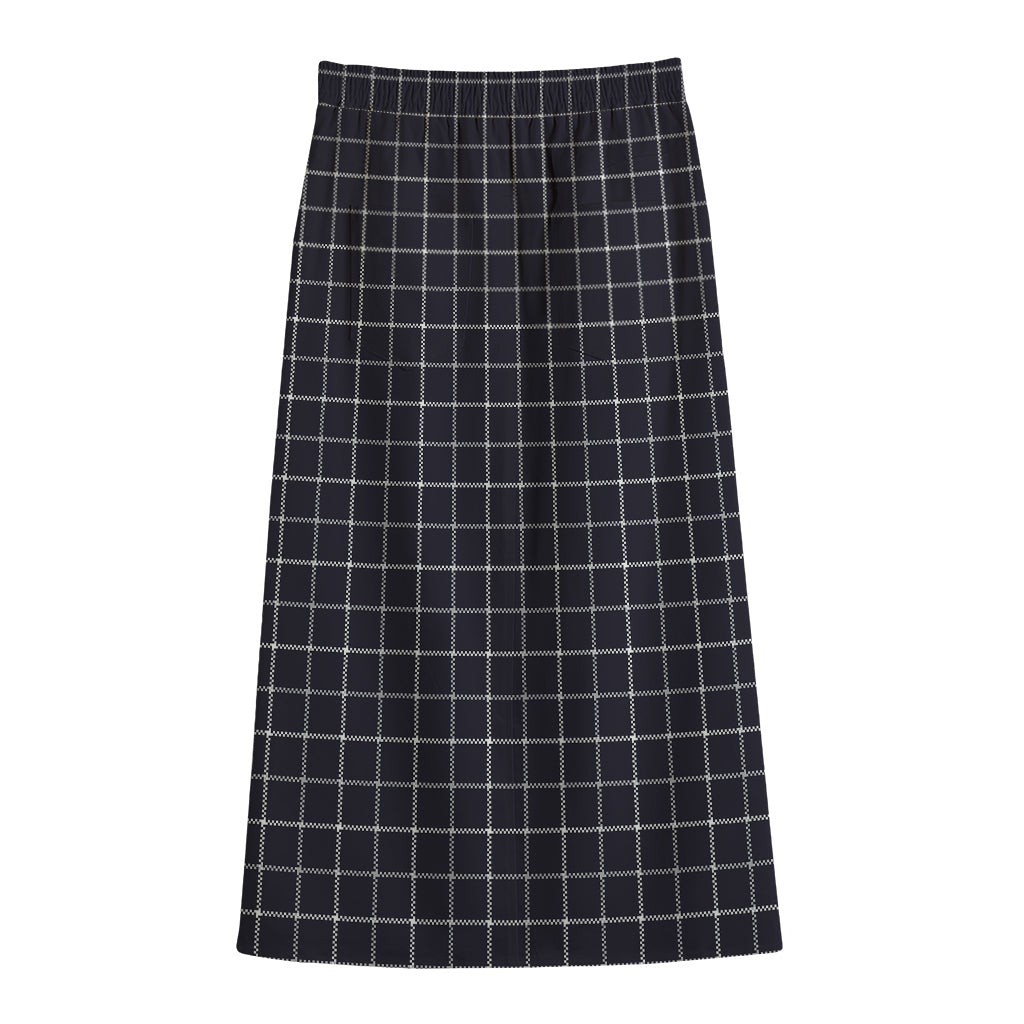 Navy Tattersall Pattern Print Cotton Front Slit Maxi Skirt