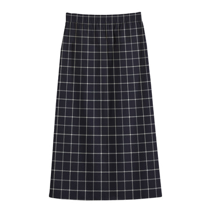 Navy Tattersall Pattern Print Cotton Front Slit Maxi Skirt