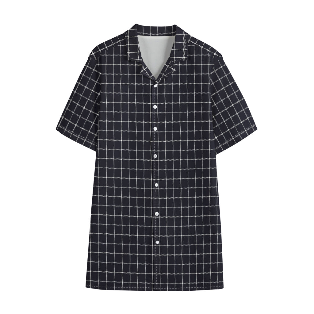 Navy Tattersall Pattern Print Cotton Hawaiian Shirt