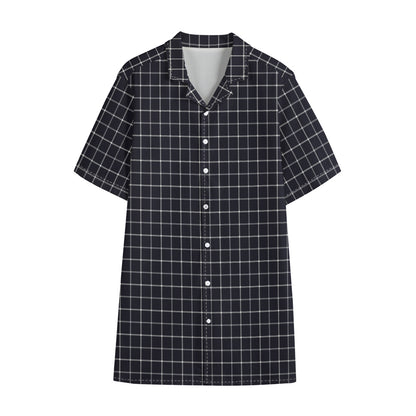 Navy Tattersall Pattern Print Cotton Hawaiian Shirt