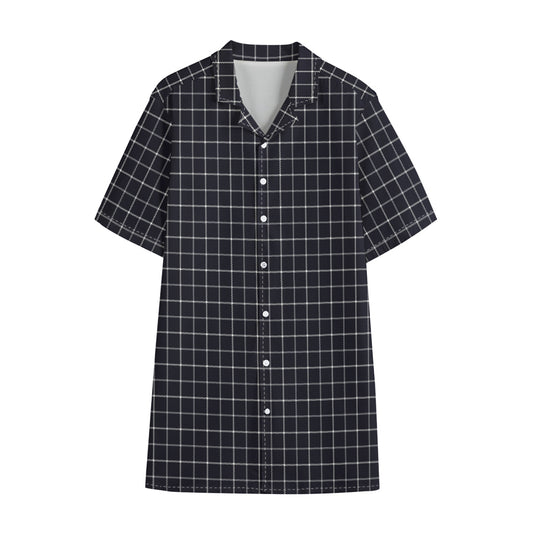 Navy Tattersall Pattern Print Cotton Hawaiian Shirt