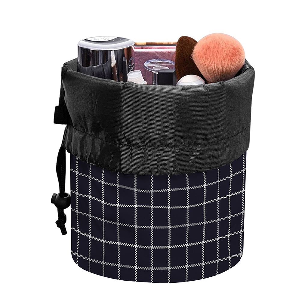 Navy Tattersall Pattern Print Drawstring Makeup Bag