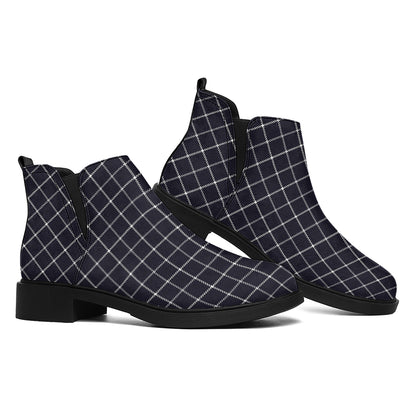 Navy Tattersall Pattern Print Flat Ankle Boots