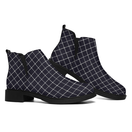 Navy Tattersall Pattern Print Flat Ankle Boots