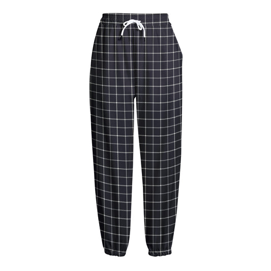 Navy Tattersall Pattern Print Fleece Lined Knit Pants