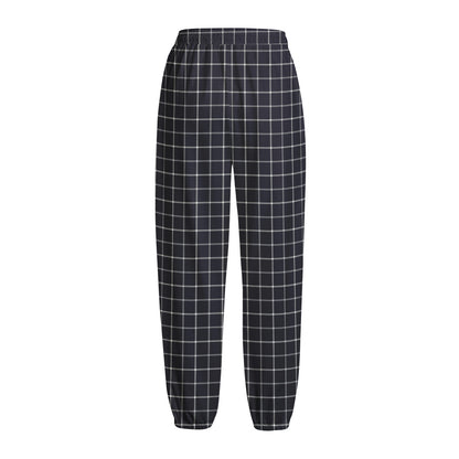 Navy Tattersall Pattern Print Fleece Lined Knit Pants