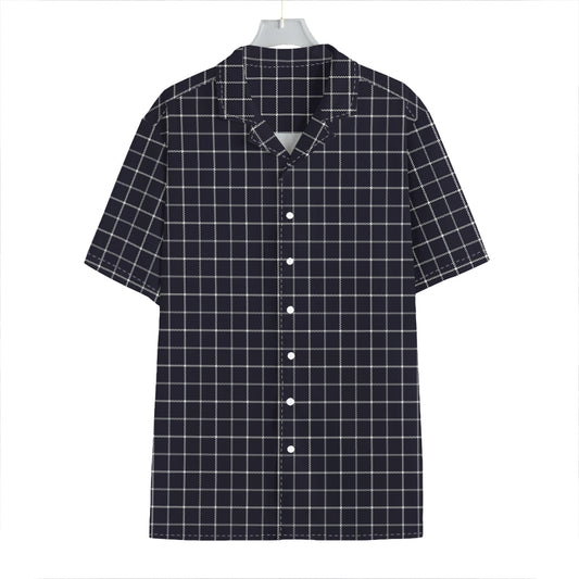 Navy Tattersall Pattern Print Hawaiian Shirt