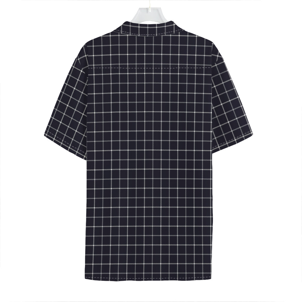 Navy Tattersall Pattern Print Hawaiian Shirt