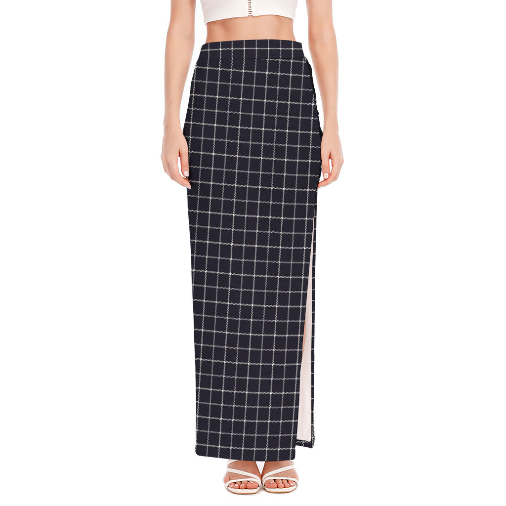 Navy Tattersall Pattern Print High Slit Maxi Skirt