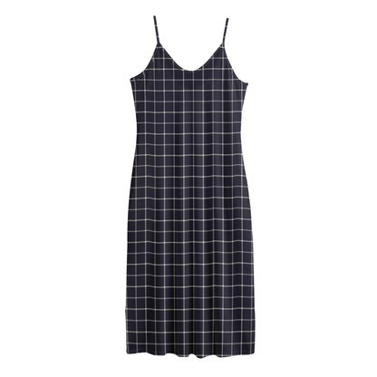 Navy Tattersall Pattern Print Jersey Midi Cami Dress