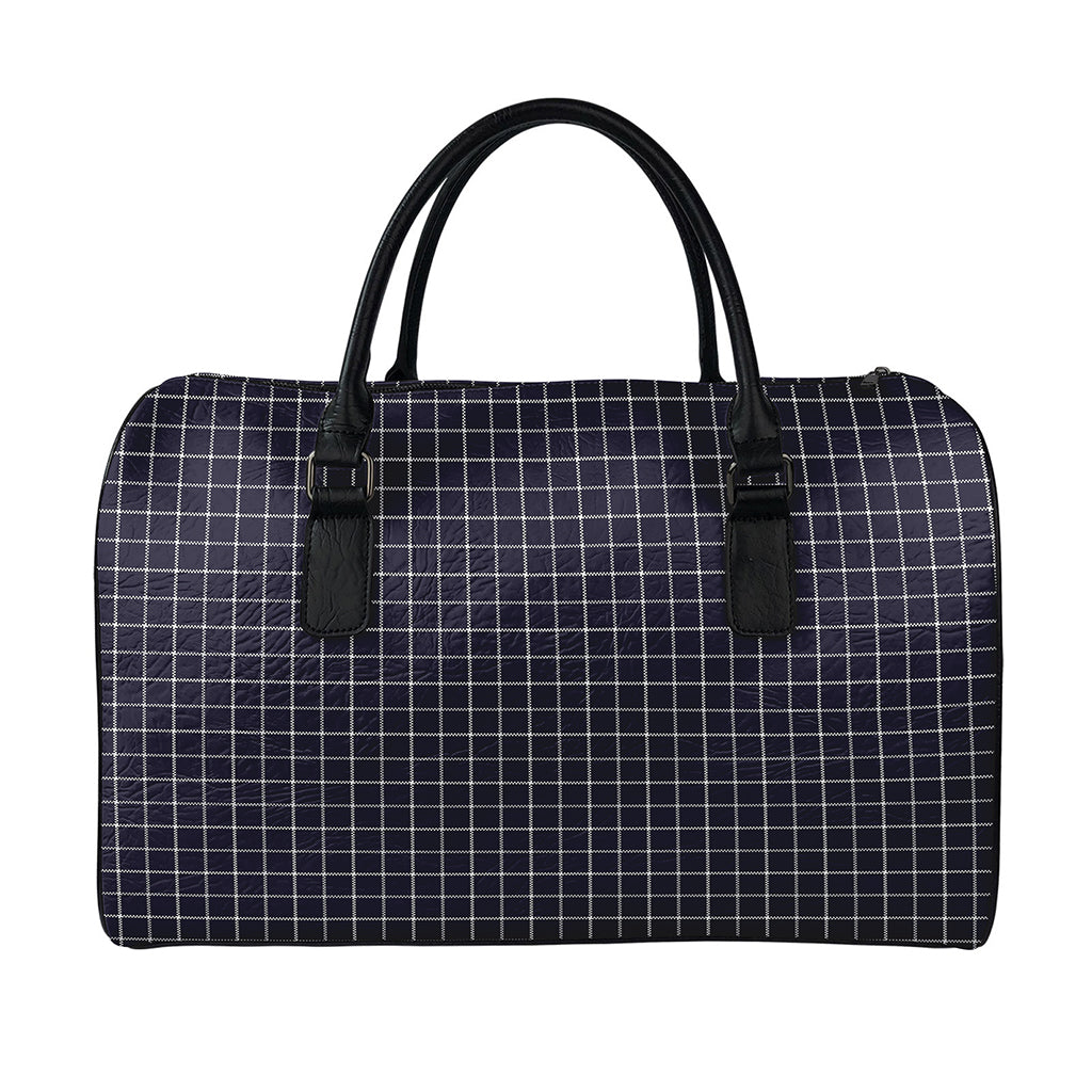 Navy Tattersall Pattern Print Leather Duffle Bag