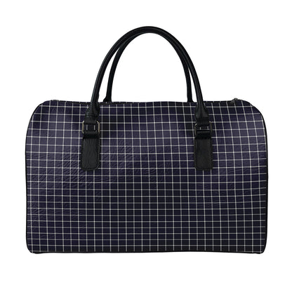 Navy Tattersall Pattern Print Leather Duffle Bag