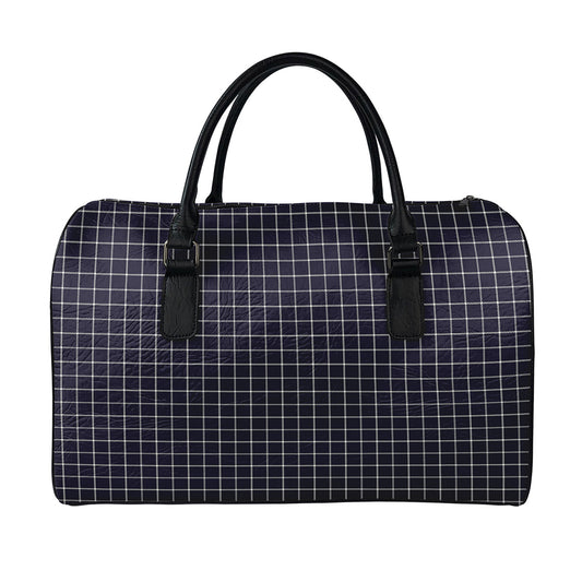 Navy Tattersall Pattern Print Leather Duffle Bag