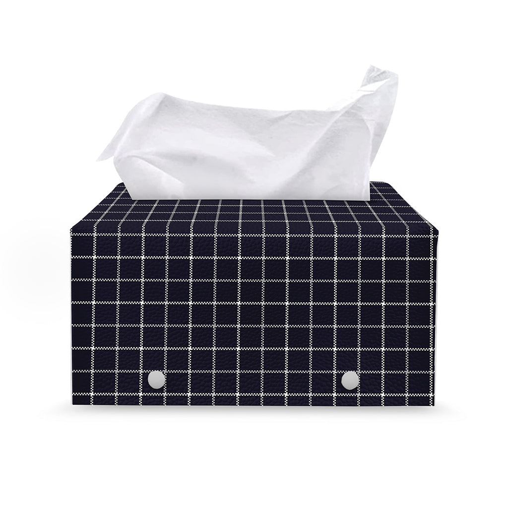 Navy Tattersall Pattern Print Leather Tissue Box Cover