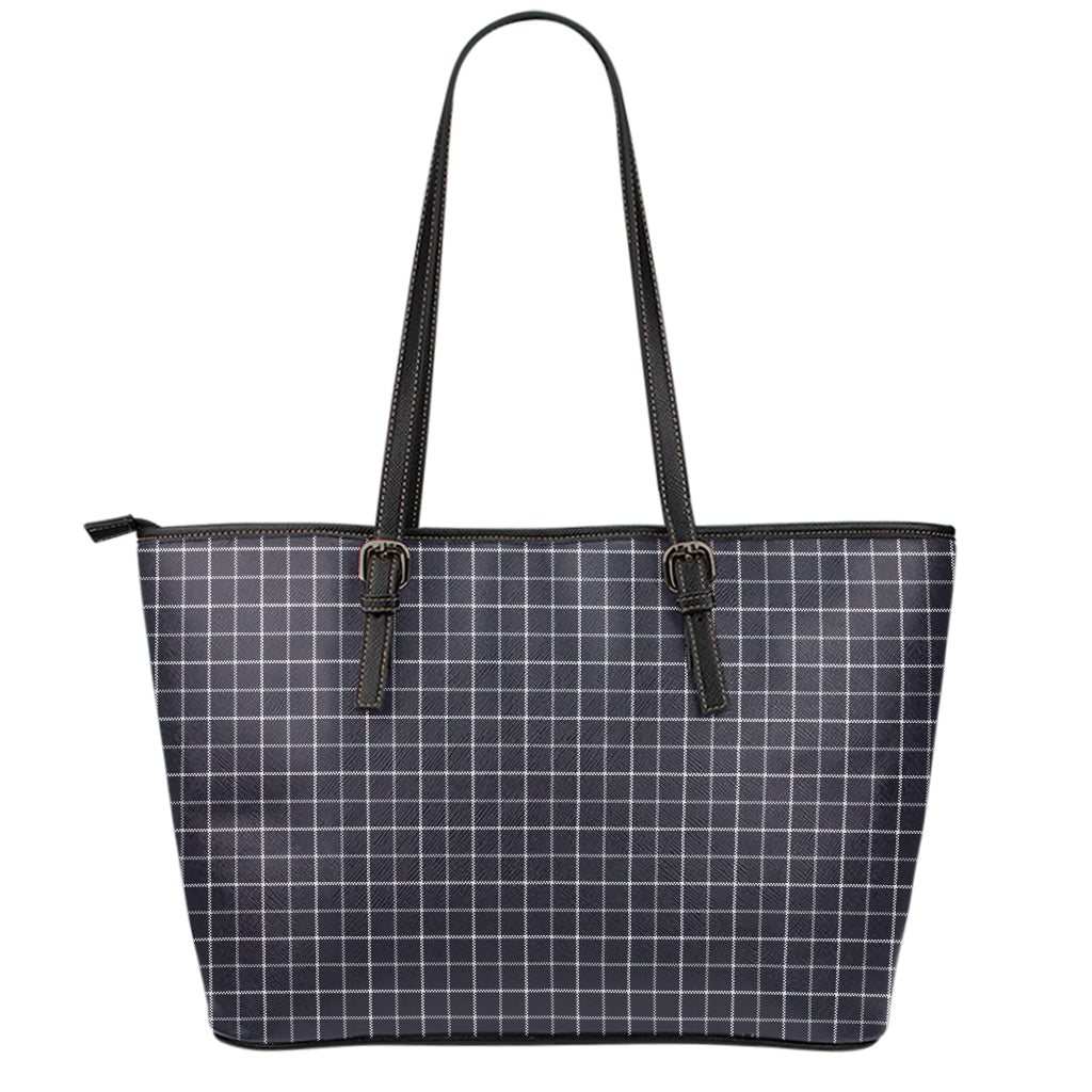 Navy Tattersall Pattern Print Leather Tote Bag