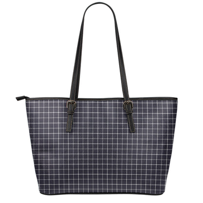 Navy Tattersall Pattern Print Leather Tote Bag