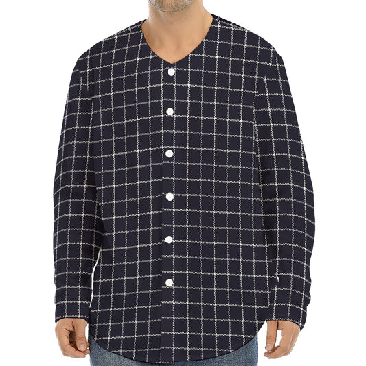 Navy Tattersall Pattern Print Long Sleeve Baseball Jersey