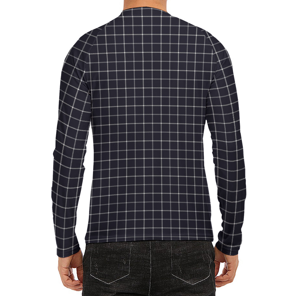 Navy Tattersall Pattern Print Men's Long Sleeve Rash Guard