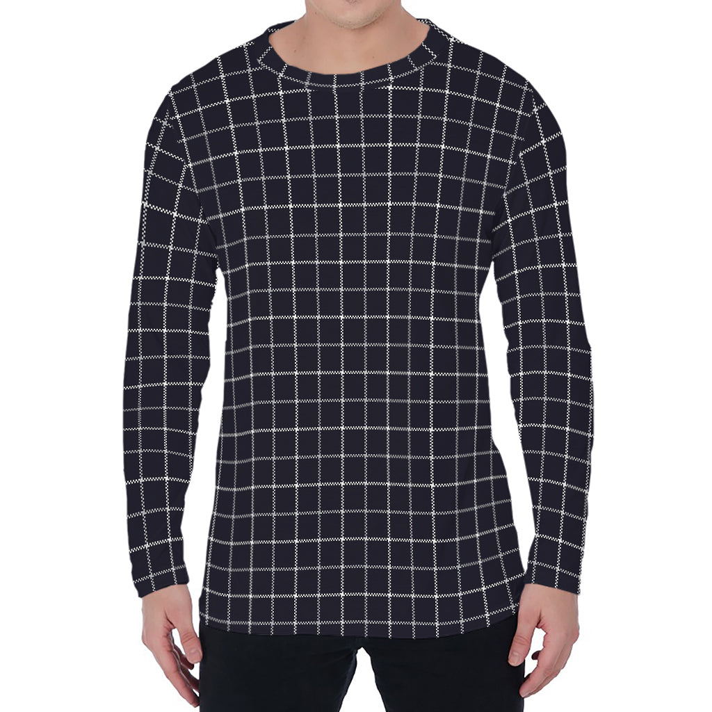 Navy Tattersall Pattern Print Men's Long Sleeve T-Shirt