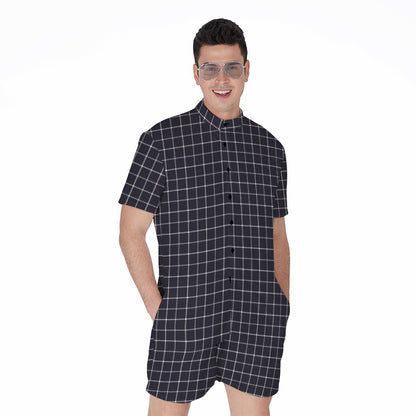 Navy Tattersall Pattern Print Men's Rompers