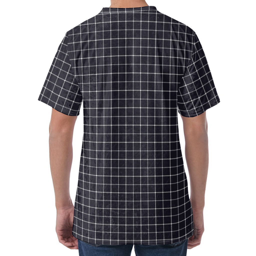 Navy Tattersall Pattern Print Men's Velvet T-Shirt