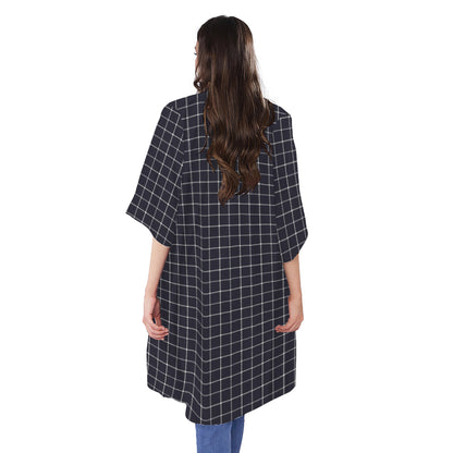 Navy Tattersall Pattern Print Open Front Beach Cover Up